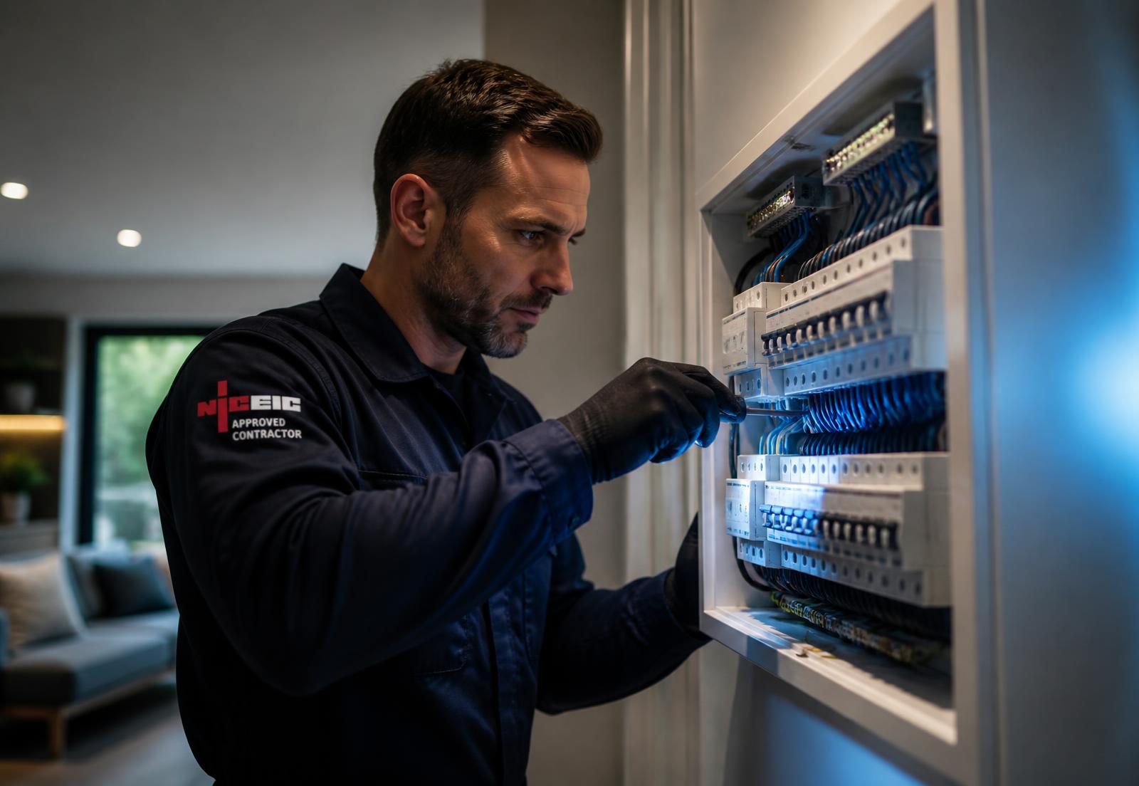 Reliable Volt electrician installing a consumer unit in a modern Boston home
